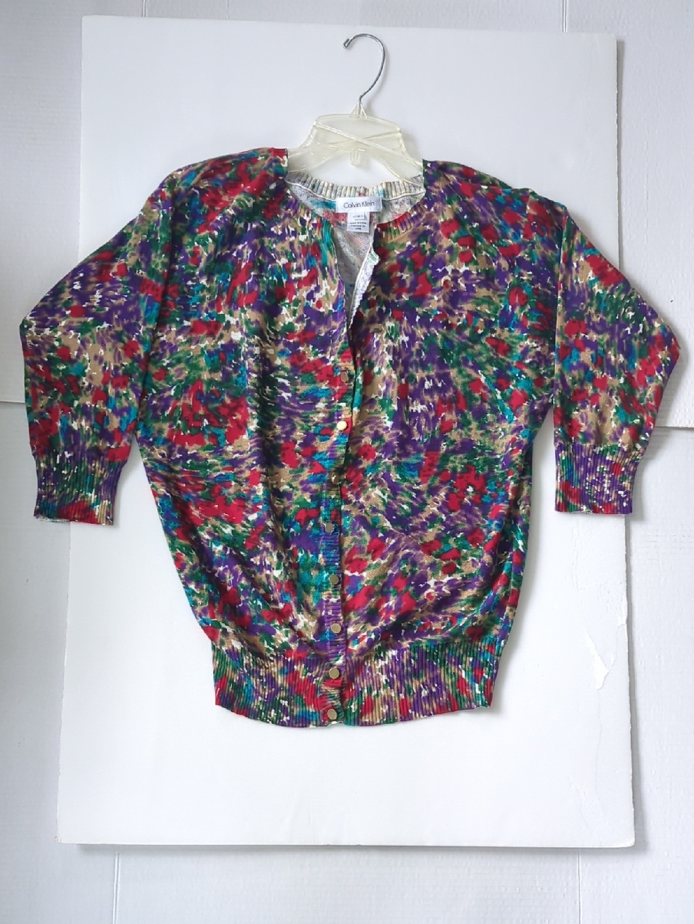 Calvin Klein Vibrant Multicolor Abstract Button-Front Cardigan, 3/4 Sleeve
